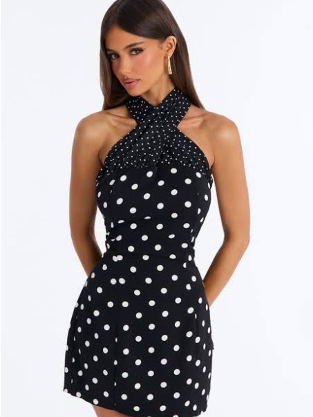 Fashion Nova Women’s Black Polka Dot Halter Mini Dress